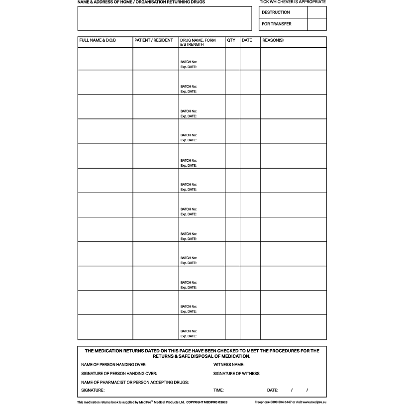 Medication Returns Book - Medipro - MediPro