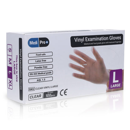 Clear Vinyl Exam Gloves - Cat III PPE Large – Box of 100 - MediPro