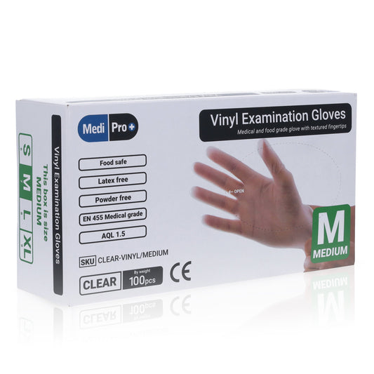 Clear Vinyl Exam Gloves - Cat III PPE Medium – Box of 100 - MediPro