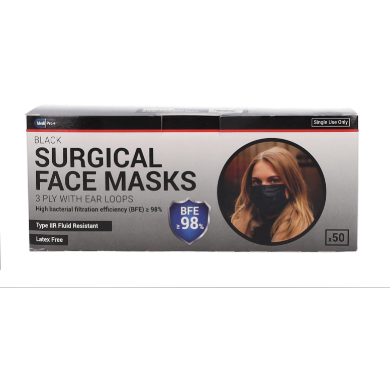 Black Surgical Face Masks - Type IIR Certified x 50 - MediPro